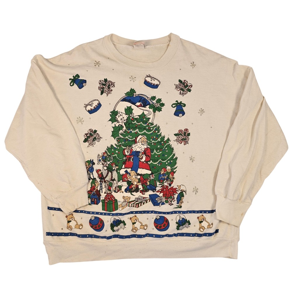 Vintage Holiday Time Christmas Santa Graphic Sweatshirt Cream XXL Made in USA